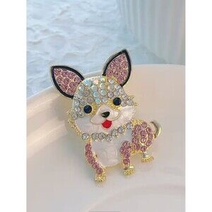 Charming Chihuahua Puppy Dog Smiley Pose Crystal Enamel Goldtoned Fashion Brooch